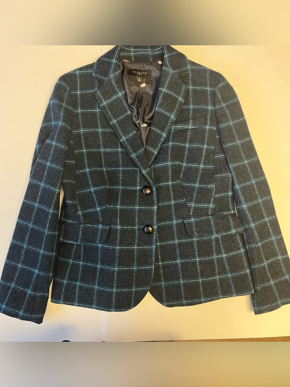Talbots Blazer 8P Blue Gray Lined Wool Blend Tweed Career Preppy Academia